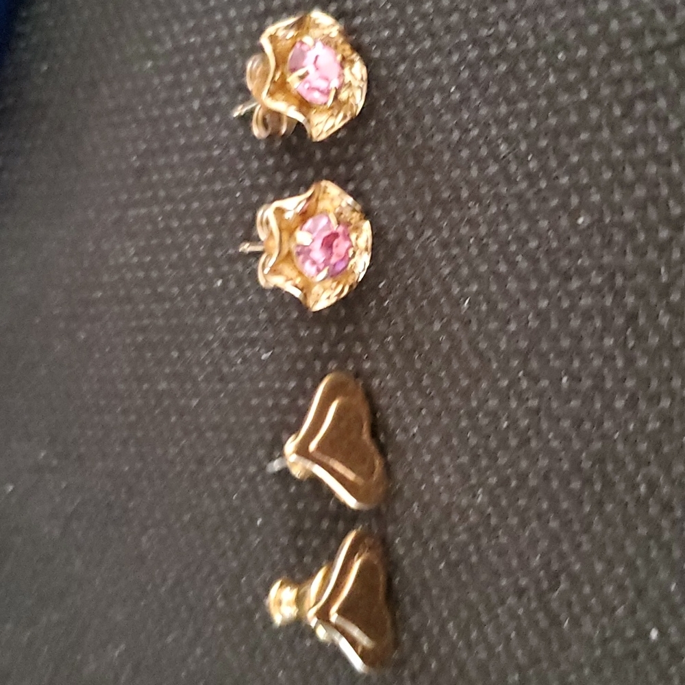 VINTAGE GOLDEN HEART AND PINK CRYSTAL FLOWER EARRI